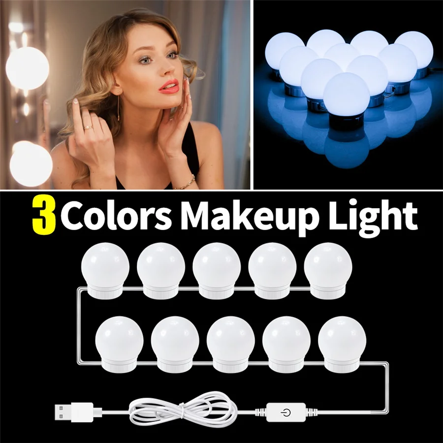Luz de espejo de maquillaje USB, 3 modos, luces LED de tocador regulables continuas, lámparas de pared de 5V, Kit de 2/6/10/14 bombillas para tocador, novedad de 2023