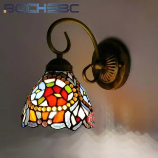 BOCHSBC-Lámpara de pared de vitral de estilo Tiffany, simple, retro, jardín, hoja verde, uva, restaurante, dormitorio, mesita de noche, pasillo, decoración