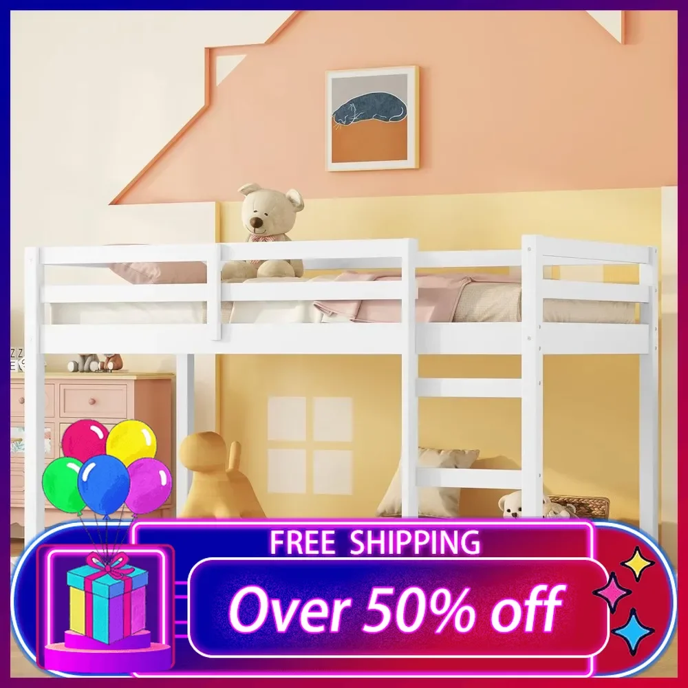 Cama alta baja tamaño doble, marco de cama alta moderna de madera maciza para niños con escalera y barandilla de seguridad para niñas y niños, sin ruido