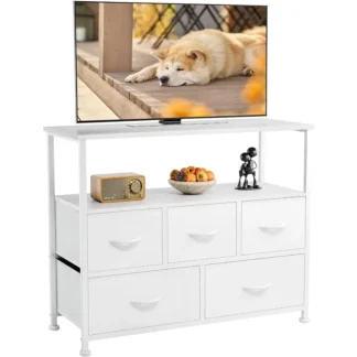 Soporte de TV para dormitorio con 5 cajones de tela, centro de entretenimiento para televisión de 45 pulgadas, mesa de consola multimedia con almacenamiento
