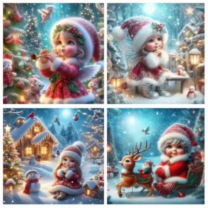 Pintura de diamantes DIY, mosaico de dibujos animados de Ángel de Navidad, taladro redondo completo, paisaje de bebé, bordado de diamantes de invierno, regalo hecho a mano para el hogar