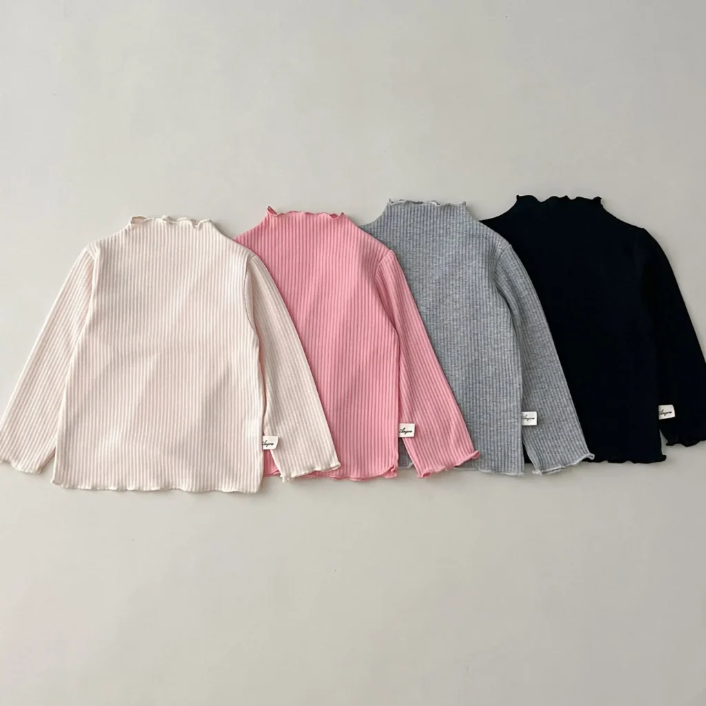 Camisa de manga larga de fondo a rayas para niña, camiseta fina de volantes acanalados para niño, camisetas informales finas de algodón para niño, otoño