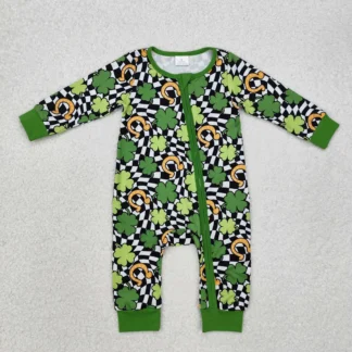 Nuevos mamelucos de St. Patrick rts para bebés, boutique al por mayor, mameluco verde de manga larga con cremallera de trébol de cuatro hojas