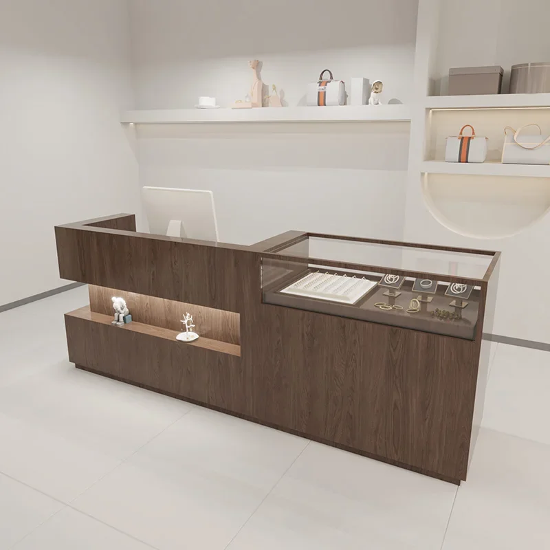 Escritorios de recepción de caja registradora, vitrina de información, Mostrador de muebles de belleza, cristal frontal