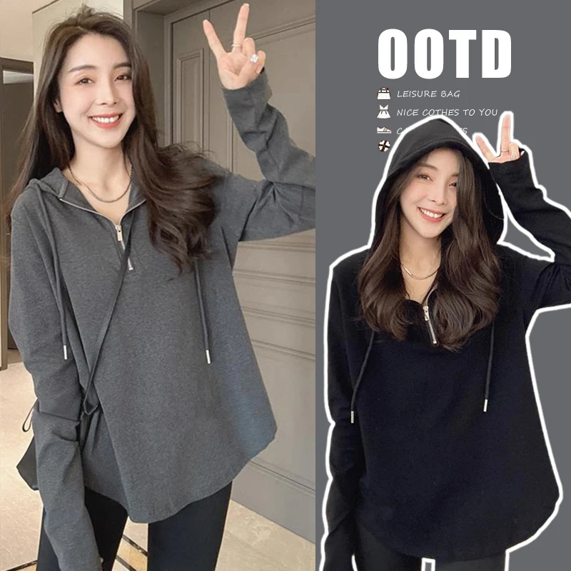 Camiseta de manga larga con capucha para mujer, ropa de maternidad de algodón con cremallera, parte inferior coreana, Tops, color negro, primavera y otoño