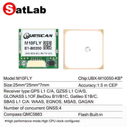 QUESCAN M10FLY 10Hz UBX-M10050-KB M10 Módulo GPS GNSS con soporte de brújula GPS Galileo GLONASS BeiDou QZSS SBAS, 25mm * 25mm
