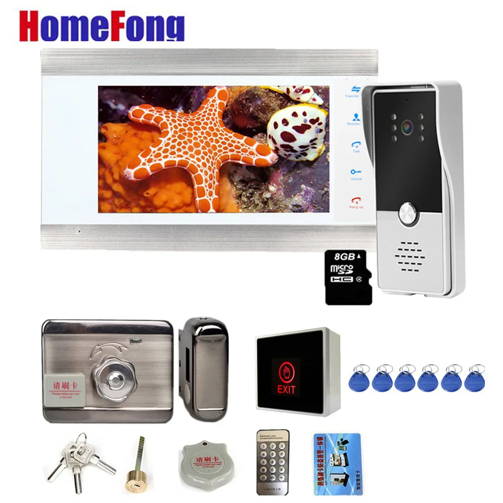 Homefong-videoportero doméstico de 7 pulgadas, timbre para puerta, cámara, tarjeta SD, grabación, desbloqueo, cerradura de puerta, visión nocturna