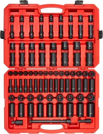 Juego de casquillos de impacto de 6 puntos con accionamiento de 1/2 pulgada, 87 piezas (5/16-1-1/4 pulgadas, 8-32 mm)