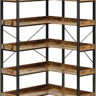 Estantería de 5 niveles con 4 ganchos, estantería de esquina reversible, estantería industrial de madera de 65" con estantes abiertos y estructura de metal