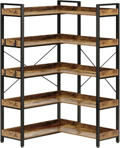 Estantería de 5 niveles con 4 ganchos, estantería de esquina reversible, estantería industrial de madera de 65" con estantes abiertos y estructura de metal