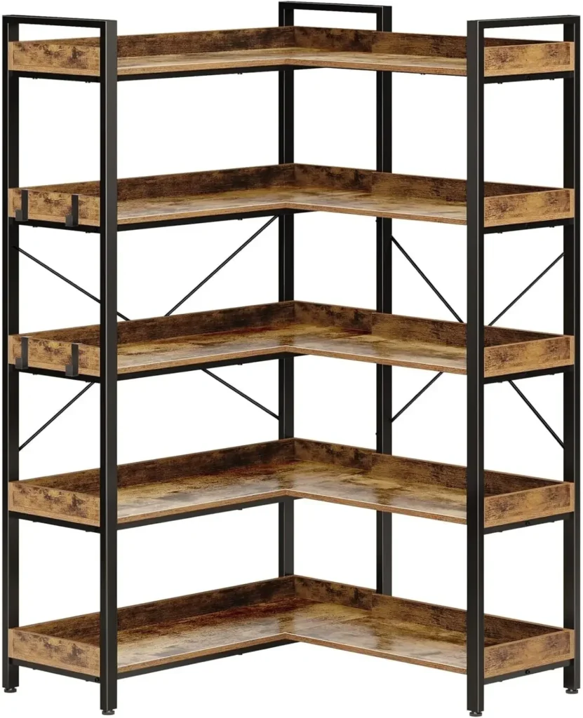 Estantería de 5 niveles con 4 ganchos, estantería de esquina reversible, estantería industrial de madera de 65" con estantes abiertos y estructura de metal