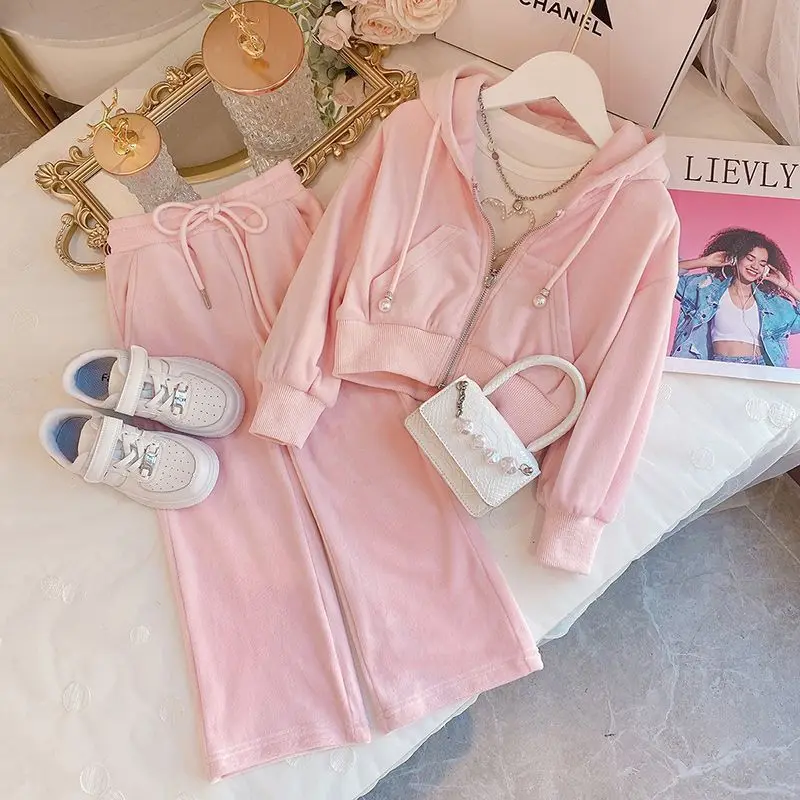 Conjunto de 2 piezas de ropa deportiva para niños y niñas, Sudadera con capucha y pantalones de Boutique, ropa informal de moda con estampado, color rosa, otoño