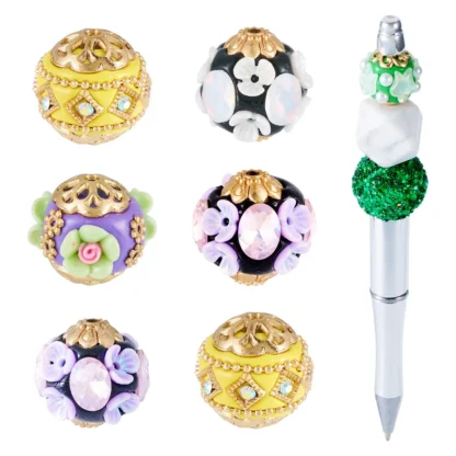 6 uds Rondelle con cuentas de arcilla polimérica de flores, cuentas de diamantes de imitación con lazo para bricolaje, bolígrafo con cuentas, llavero, collar, suministros para manualidades de joyería