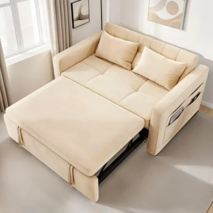 Sofá cama convertible de 55" | Sofá cama 3 en 1 con cama extraíble | Sofá futón de terciopelo con respaldo reclinable y bolsillo lateral