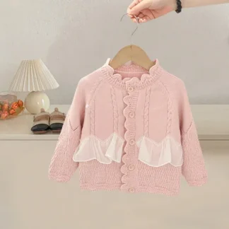 Abrigo de primavera y otoño para niña, suéter para bebé, cárdigan versión coreana, suéter de encaje de punto exterior para niña pequeña, 2024