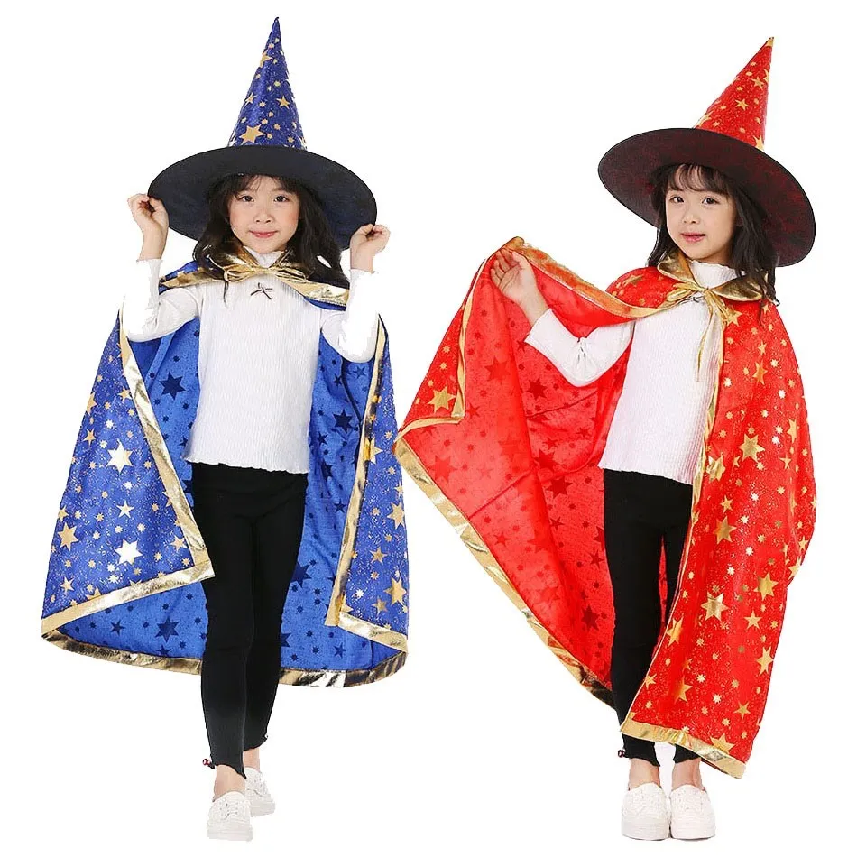 Disfraz para niños y adolescentes, capa brillante de Halloween con sombrero de bruja, traje para niños, vestido de cumpleaños para niño y niña, accesorio largo para fotografía de fiesta