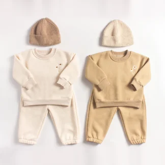 Conjunto de ropa de invierno para niños y niñas, sudadera cálida bordada y pantalón, chándal grueso, 2 piezas