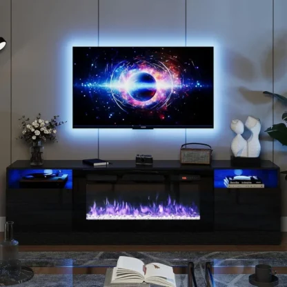 Soporte para TV con chimenea eléctrica de 36", centro de entretenimiento con luz LED, soporte de entretenimiento moderno con textura de madera