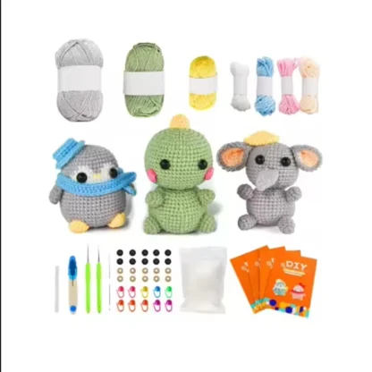 Adorno de muñeca con forma de pingüino de dibujos animados, dinosaurio, elefante, hecho a mano, tejido de lana de ganchillo DIY, Material de punto, bolsa, conjunto completo