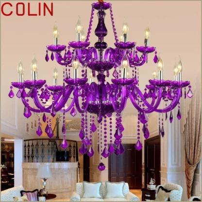 COLIN Lámpara colgante de cristal de estilo europeo Lámpara de vela púrpura Lujosa sala de estar Restaurante Dormitorio Tienda de ropa Candelabro