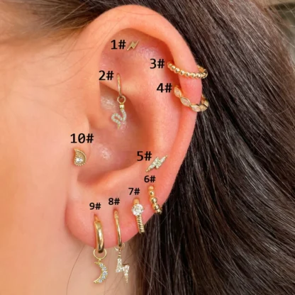 Pendientes de acero inoxidable para mujer, Piercing para Tragus, aretes para oreja, circonita dorada, hélice de serpiente, tabique, cartílago, joyería corporal, 1 unidad