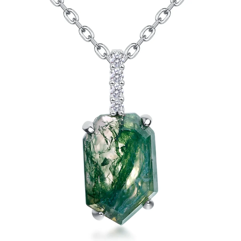 Collar con colgante geométrico de ágata de musgo único para mujer, Plata de Ley 925, piedras preciosas naturales, ágata de musgo, joyería exquisita