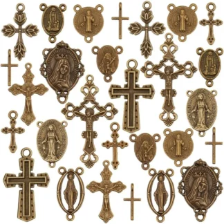 90 Uds. Colgantes de cruz, 15 estilos, dijes cruzados de crucifijo, conector de cruz de bronce antiguo, colgantes ovalados, kit de fabricación de cuentas