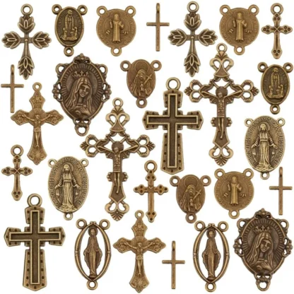 90 Uds. Colgantes de cruz, 15 estilos, dijes cruzados de crucifijo, conector de cruz de bronce antiguo, colgantes ovalados, kit de fabricación de cuentas