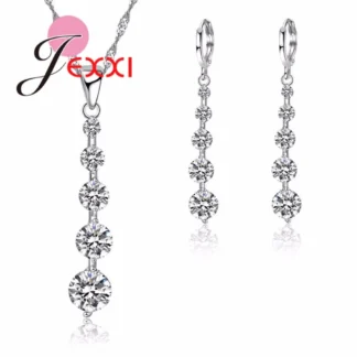 Fashion CZ White Zircon Long Pendant+Earrings Necklace Jewelry Sets 925 Sterling Silver Color Wedding Jewelry for Women Wedding