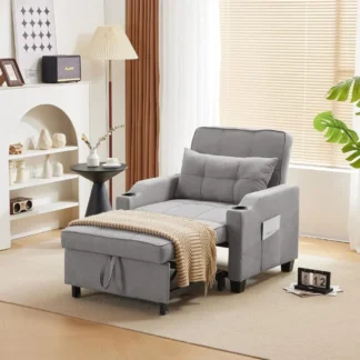 Sillón Sofá cama convertible 3 en 1, sofá reclinable ajustable, sofá cama extraíble moderno con 2 puertos USB, 2 portavasos