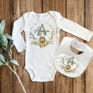 Babero y pelele personalizado para bebé, conjunto de 2 piezas con inicial de Animal con nombre para recién nacido, traje de baño, regalo de nacimiento infantil