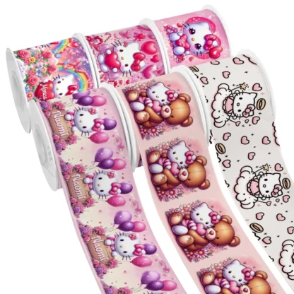 Cinta de grogrén con estampado de Hello Kitty, moños para el pelo con tema DE SAN Rio rosa para fiesta de Pascua, 5 yardas