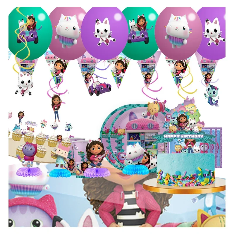 Tema de casa de muñecas Gabby de dibujos animados, decoración de feliz cumpleaños, suministros para fiestas, globo, pancarta, mantel, taza, plato, adornos, suministro de fiesta