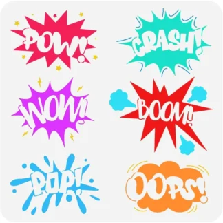 Plantilla de texto cómico, plantilla de dibujo de plástico PET de 11,8x11,8 pulgadas, plantilla de palabras "Wow Boom OOPS POW Crash POP", plantilla temática cómica
