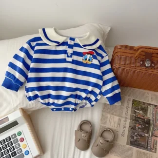 Pelele de manga larga para bebé recién nacido, mono a rayas con patrón de dibujos animados, cuello azul marino, trajes sueltos, ropa de otoño