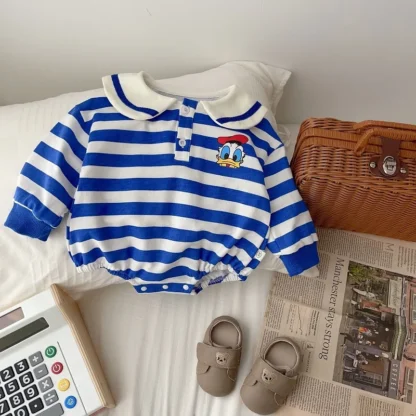 Pelele de manga larga para bebé recién nacido, mono a rayas con patrón de dibujos animados, cuello azul marino, trajes sueltos, ropa de otoño