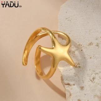Anillo abierto Simple de acero de titanio para mujer, estrella de mar ajustable, Color dorado, fiesta de graduación, 1 pieza