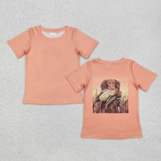 Venta al por mayor, camiseta naranja de manga corta para niños, camiseta para bebés, perros y patos, ropa para niños pequeños