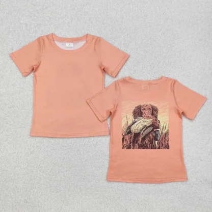 Venta al por mayor, camiseta naranja de manga corta para niños, camiseta para bebés, perros y patos, ropa para niños pequeños