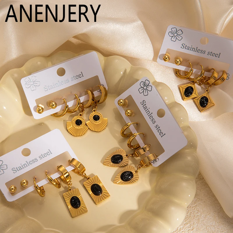 ANENJERY 316L Acero inoxidable 6 piezas cuentas circulares corazón geometría colgante pendientes para mujeres joyería de moda creativa Vintage