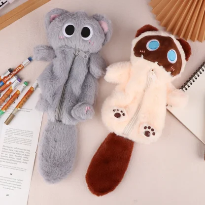 Estuche de lápices de gatito peludo gris lindo, escritorio de alto valor, estuche de lápices de gran capacidad, papelería para estudiantes