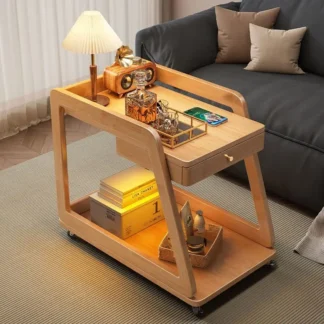 Mesa de borde de madera maciza con ruedas móviles, dormitorio, sala de estar, mesa de centro pequeña, mesitas de noche pequeñas