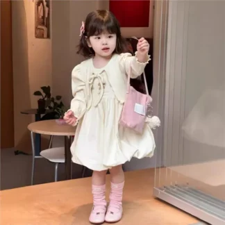 2025 primavera otoño coreano niños niñas 2 uds conjunto de ropa cárdigan liso de algodón vestido acampanado de dibujos animados traje trajes para niñas pequeñas