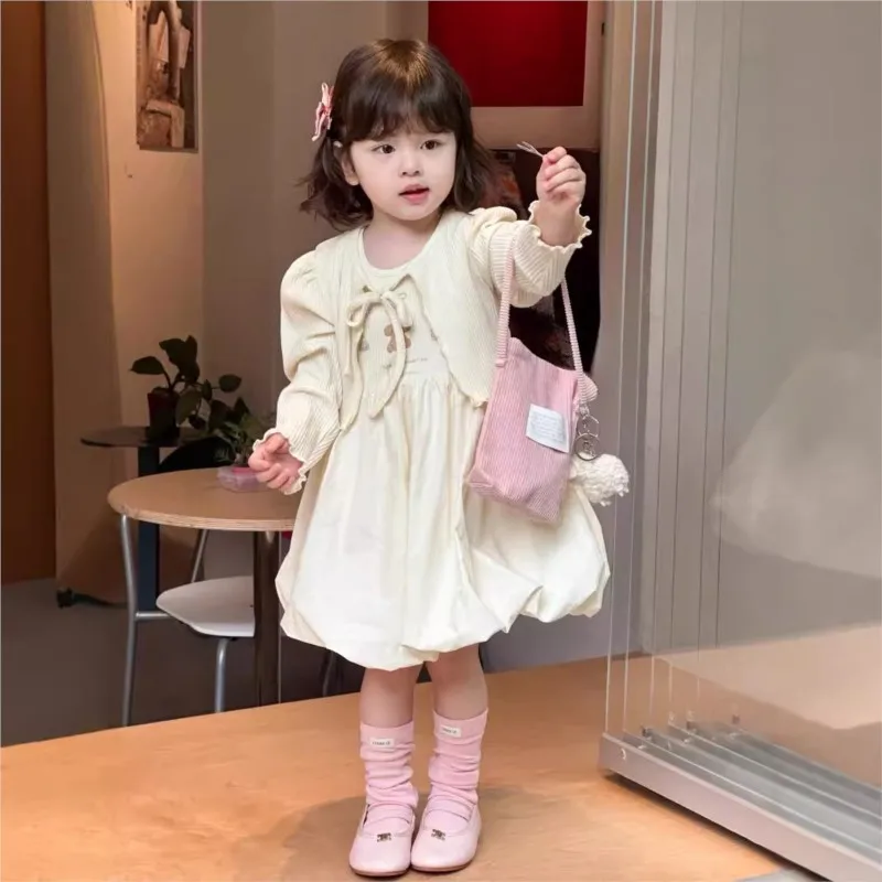 2025 primavera otoño coreano niños niñas 2 uds conjunto de ropa cárdigan liso de algodón vestido acampanado de dibujos animados traje trajes para niñas pequeñas