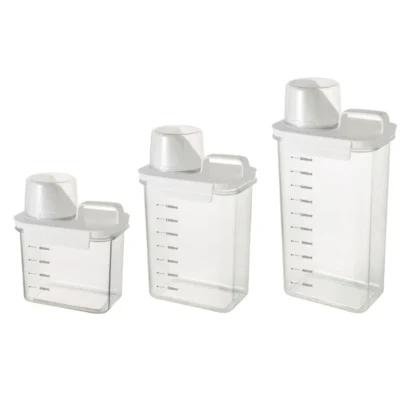 Práctico contenedor almacenamiento detergente para ropa con taza medidora, contenedor almacenamiento multifuncional,