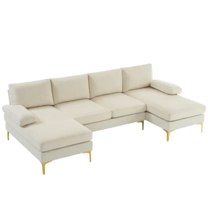 280*130*85 Marco de asiento de lino de 4 asientos en forma de U Marco de madera Marco de hierro Pies dorados Sofá Modular interior Beige