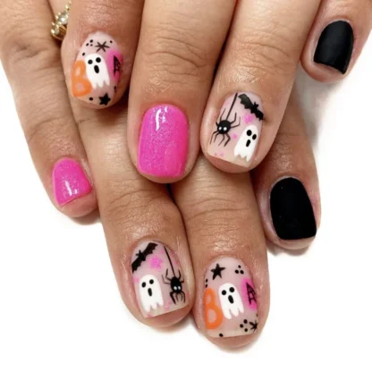 Uñas postizas de Halloween con Araña, uñas postizas cuadradas cortas, diseños lindos, fantasma, manicura francesa de cobertura completa, prensa en puntas de uñas, 24 piezas