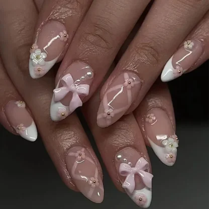 Uñas postizas de almendra corta para Ballet, uñas postizas de cobertura completa con diseño de flor de lazo 3D, 24 piezas, color rosa