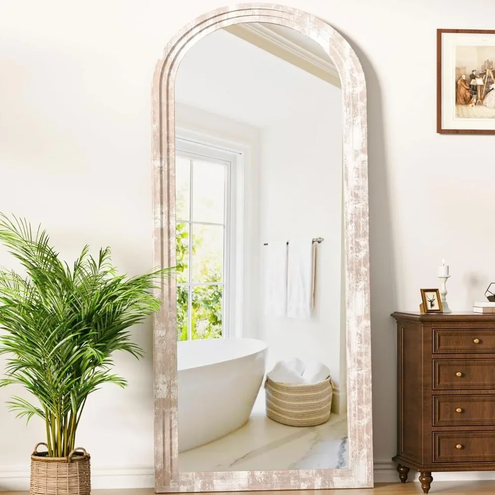 Antok Espejo de longitud completa, espejo de piso arqueado de madera de 71 "× 32", espejo arqueado de madera con soporte, espejo de pared arqueado grande |