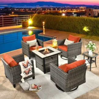 Juego de conversación al aire libre para Patio con mesa para fogones, juego de sofá individual con mecedores giratorios de mimbre PE y mesa auxiliar de centro